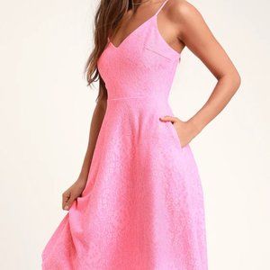 NWT - Lulus - Delightful Day Pink Lace Midi Skater Dress